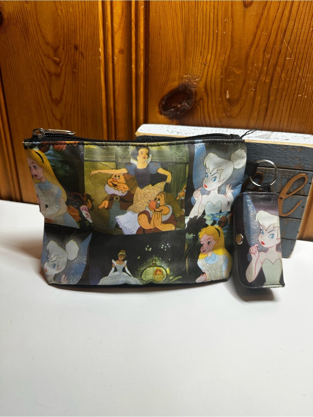 Disney Black Cinderella Print Cosmetic Pouch with Matching Keychain